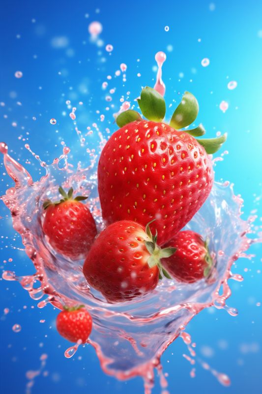 fruit water background blue fresh splash red healthy freshness food strawberry. Generative AI.