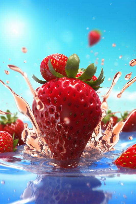 red splash background strawberry water healthy freshness blue fresh fruit food. Generative AI.