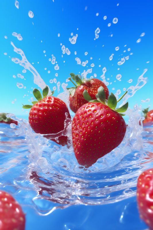 water freshness background fruit red fresh food strawberry splash healthy blue. Generative AI.