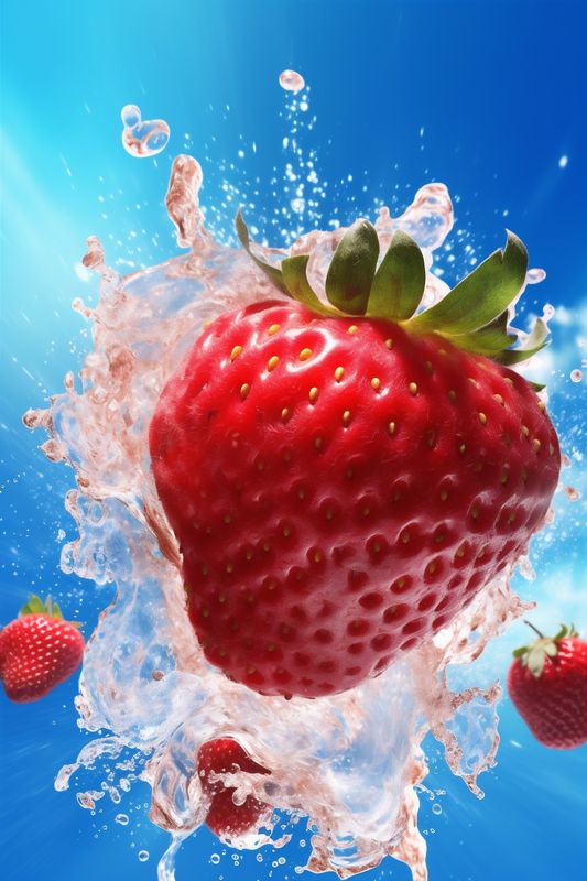 food fruit water red splash fresh background blue strawberry freshness healthy. Generative AI.