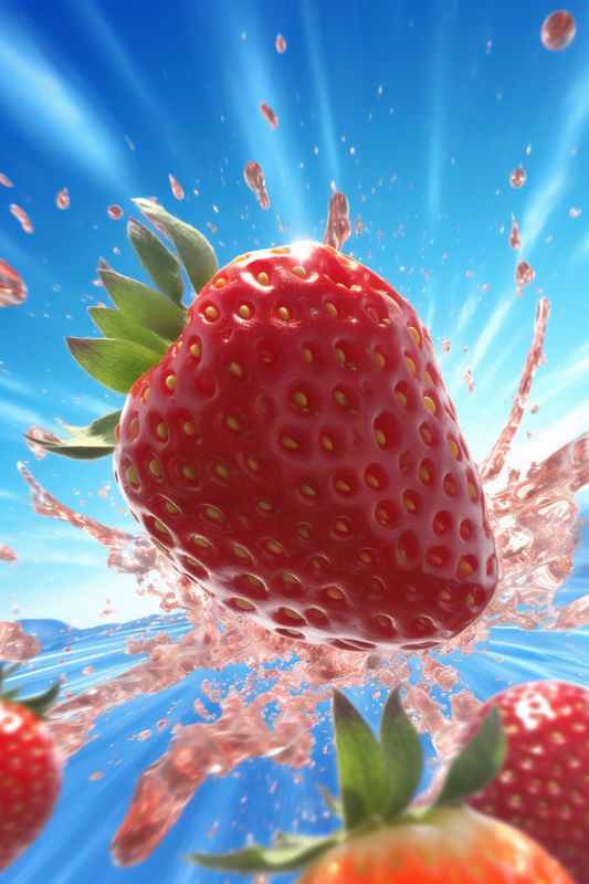 fresh water red splash strawberry food blue fruit freshness background healthy. Generative AI.