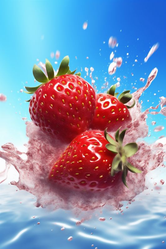 blue food freshness red background splash fruit water healthy fresh strawberry. Generative AI.