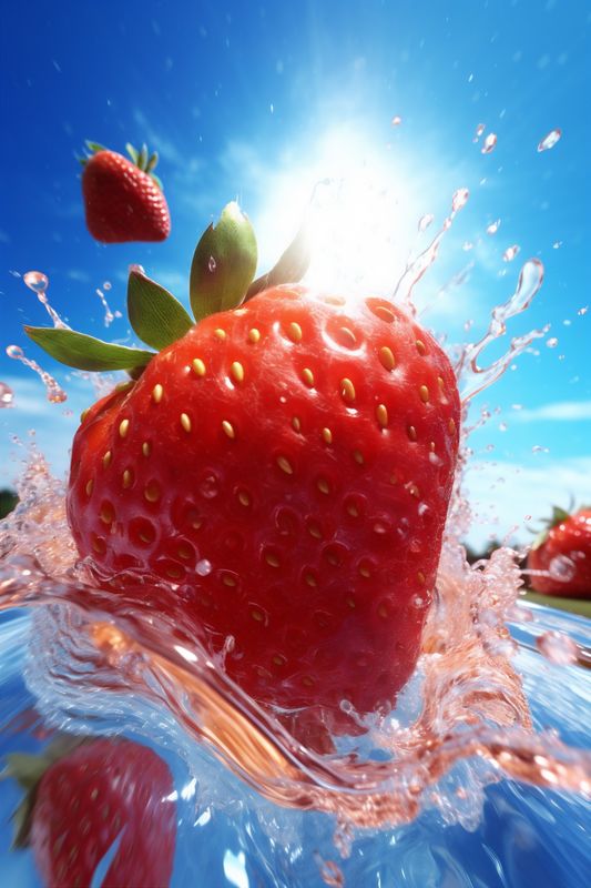 freshness healthy splash blue fruit red fresh strawberry background food water. Generative AI.