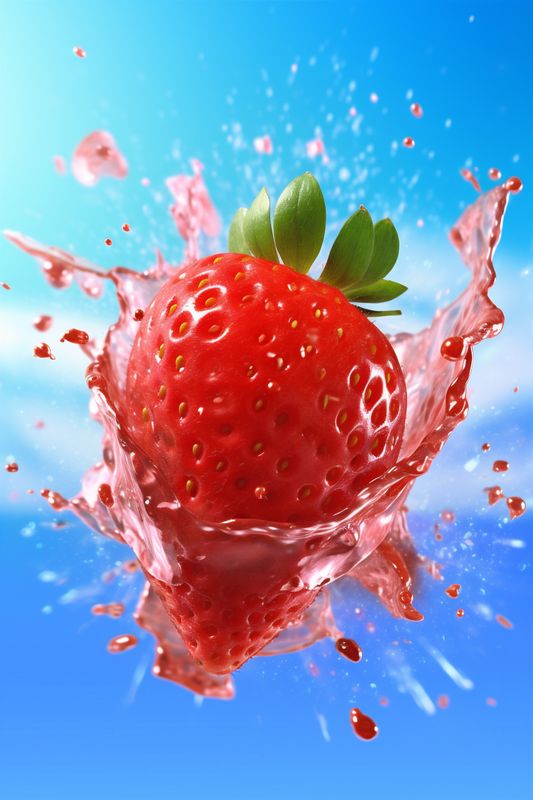 healthy fresh strawberry red food freshness blue water splash background fruit. Generative AI.
