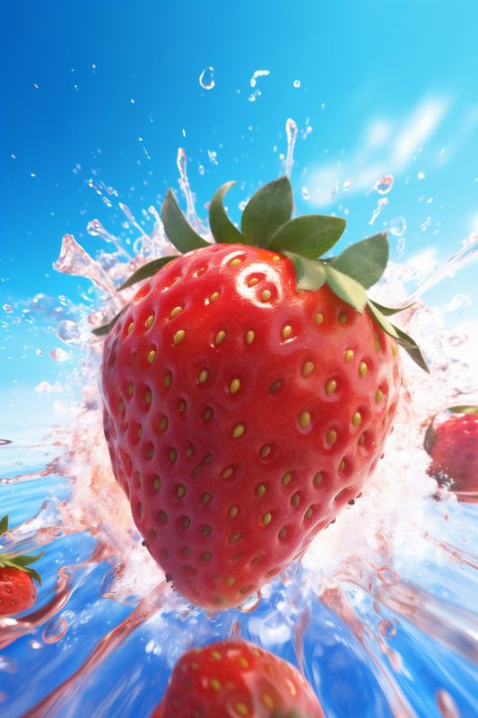strawberry splash background freshness red fresh water blue healthy fruit food. Generative AI.