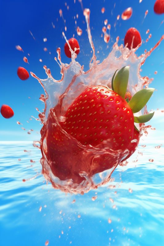 fruit blue food background strawberry splash red water fresh healthy freshness. Generative AI.