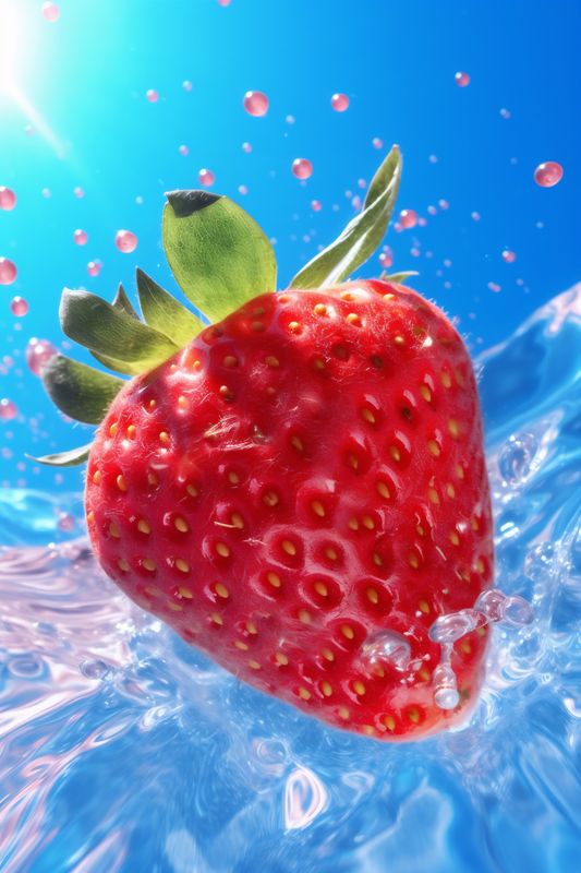 background healthy fresh food splash red freshness fruit water strawberry blue. Generative AI.
