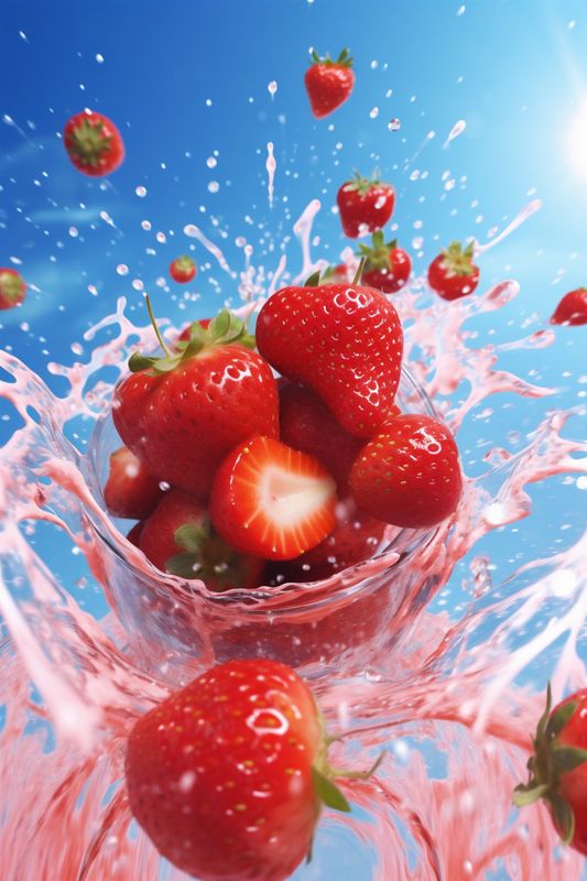 strawberry fresh background food freshness red water fruit splash blue healthy. Generative AI.