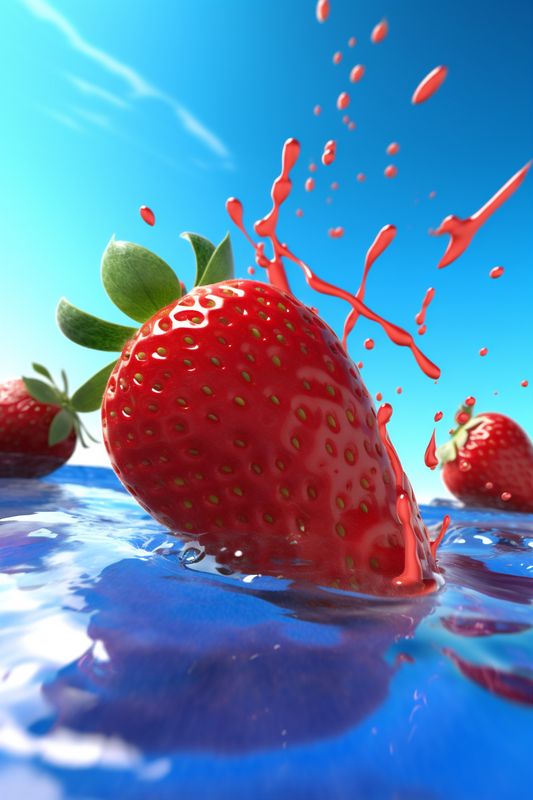 red strawberry freshness splash fruit water blue background fresh food healthy. Generative AI.