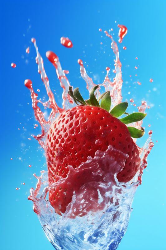 strawberry fruit splash water red freshness healthy blue background food fresh. Generative AI.
