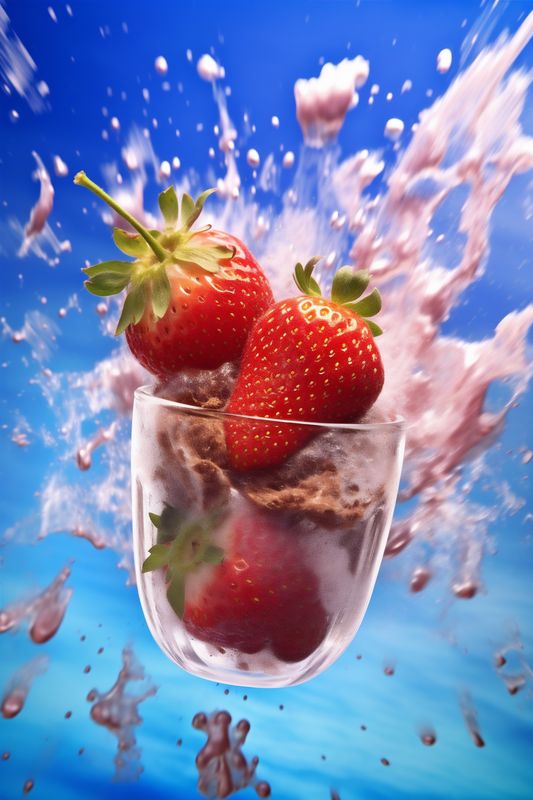 strawberry water healthy blue food fresh red background splash freshness fruit. Generative AI.