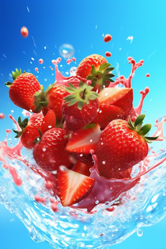 fruit fresh strawberry background healthy water red food blue splash freshness. Generative AI.