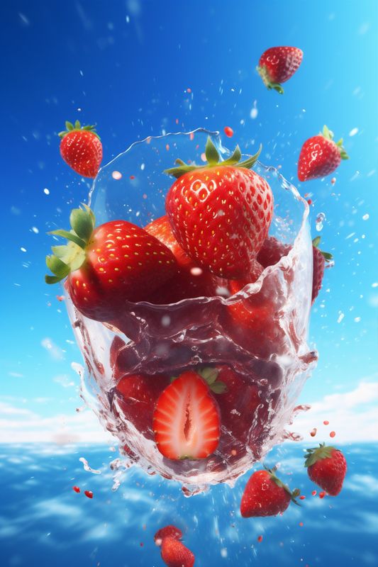 fresh blue food fruit background water healthy freshness splash red strawberry. Generative AI.