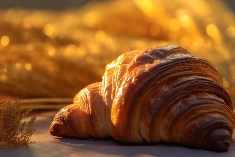 bakery background cappuccino background croissant drink food bokeh table breakfast cup morning. Generative AI.