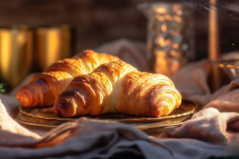 morning cup cafe breakfast croissant background bokeh table food bakery drink background. Generative AI.