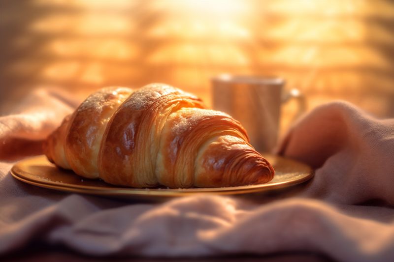 background morning breakfast hot bakery food drink croissant background cup table bokeh. Generative AI.