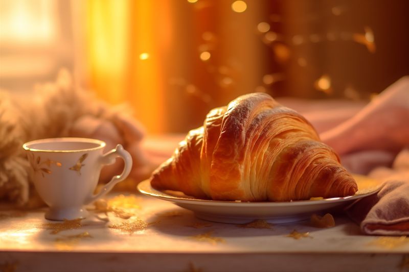 background bakery cup drink breakfast bokeh croissant background pastry table food morning. Generative AI.