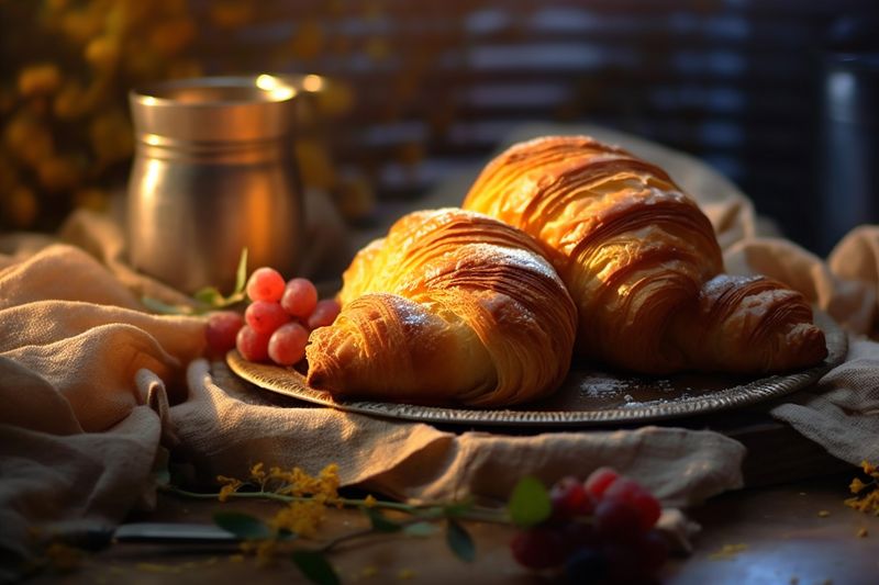 morning background drink bakery background breakfast food table white cup bokeh croissant. Generative AI.