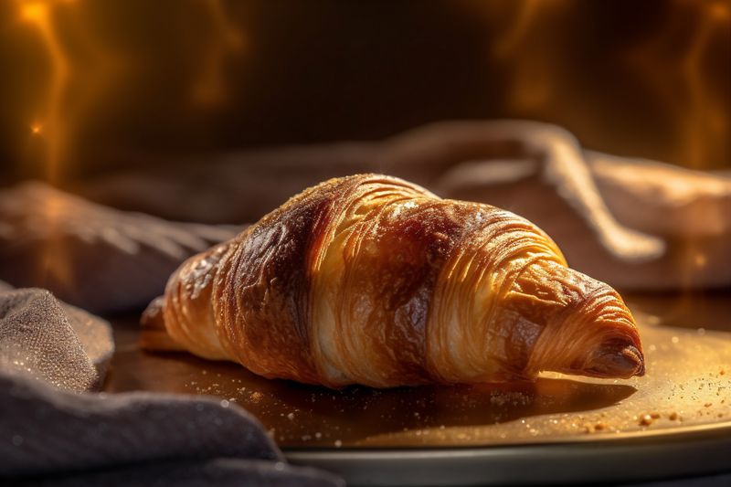 morning food bakery table background bokeh drink croissant rustic breakfast cup background. Generative AI.
