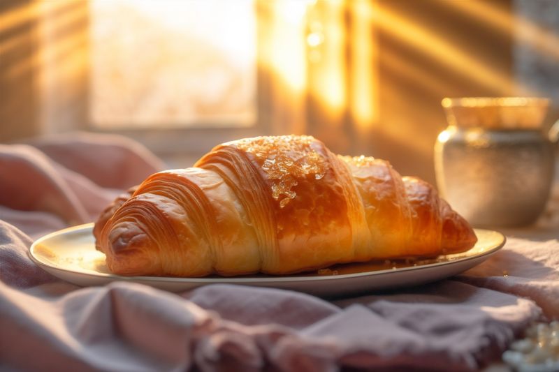 pastry food morning cup breakfast drink table background croissant bokeh background bakery. Generative AI.