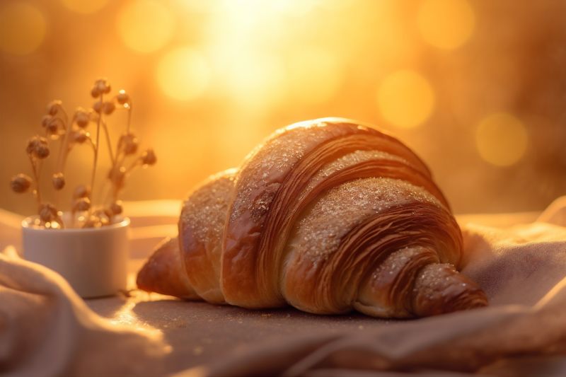 table drink cup bokeh breakfast delicious background background croissant bakery morning food. Generative AI.