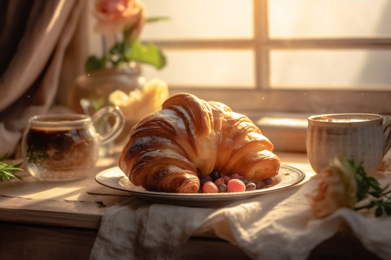 cup food background breakfast table drink bakery tea bokeh croissant background morning. Generative AI.
