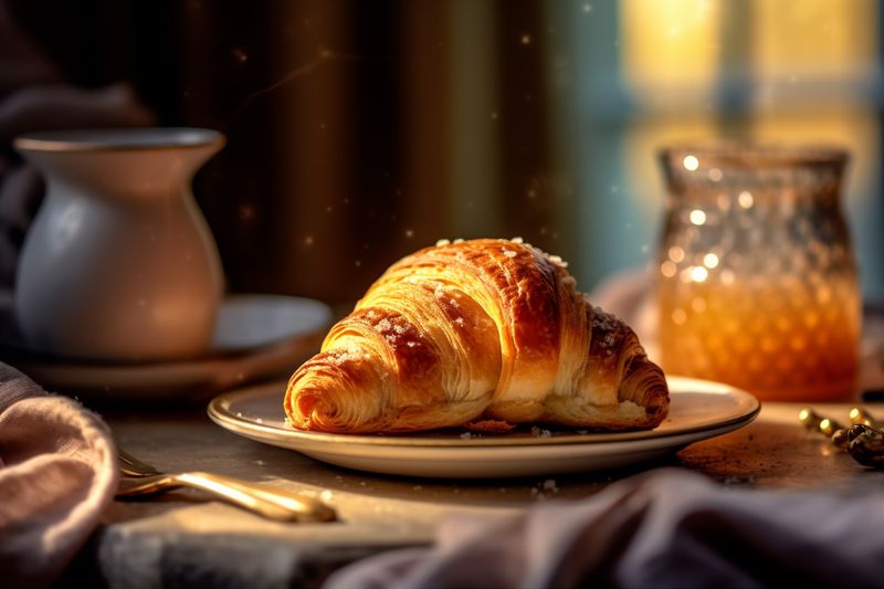 croissant drink bokeh table mug bakery background background cup breakfast morning food. Generative AI.