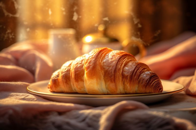 background cup breakfast bakery table bokeh background drink croissant morning wooden food. Generative AI.