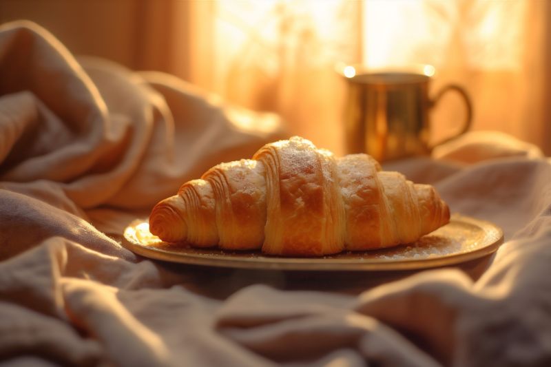 morning background table cup breakfast bokeh background cappuccino drink croissant bakery food. Generative AI.