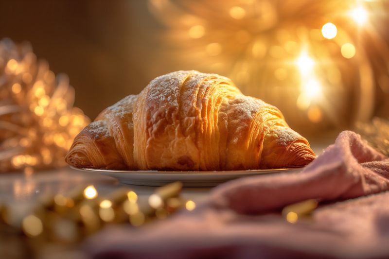 morning bokeh hot cup croissant table food drink bakery background breakfast background. Generative AI.