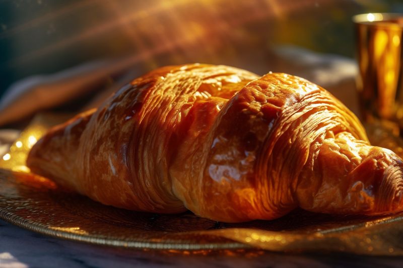 background table bokeh drink cup bakery croissant breakfast morning gold food background. Generative AI.