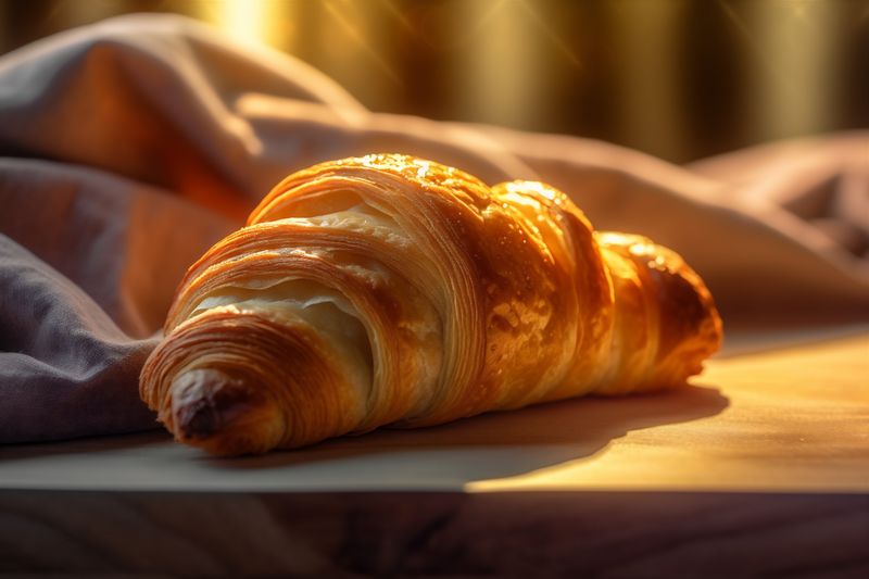 background cup morning table drink bokeh background food bakery breakfast croissant closeup. Generative AI.