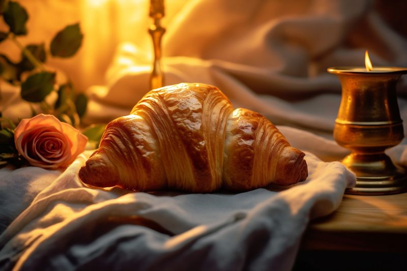 wooden table bokeh croissant drink food background bakery background morning cup breakfast. Generative AI.