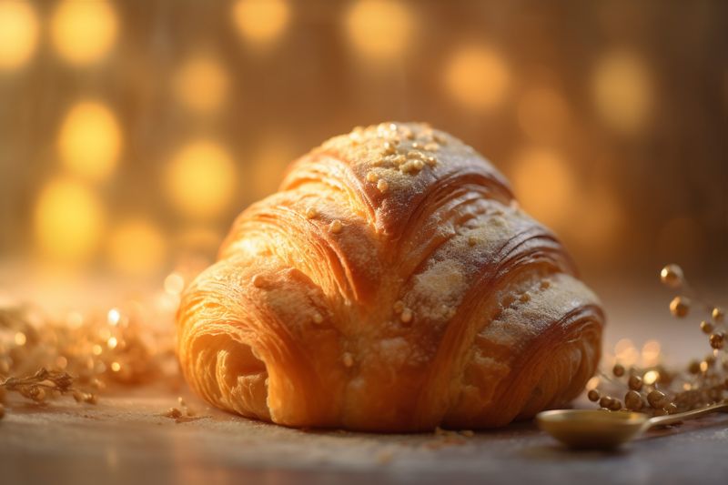 drink bakery breakfast cup morning background table background bokeh food croissant beverage. Generative AI.