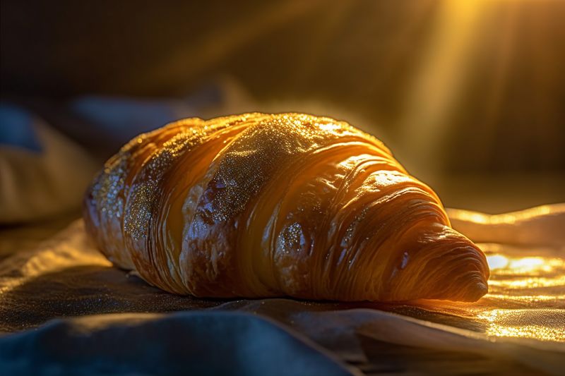 cup drink table background bakery france morning bokeh background croissant breakfast food. Generative AI.