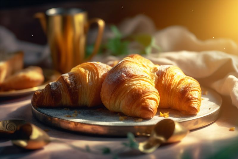 drink table background bokeh cup morning breakfast bakery background delicious food croissant. Generative AI.