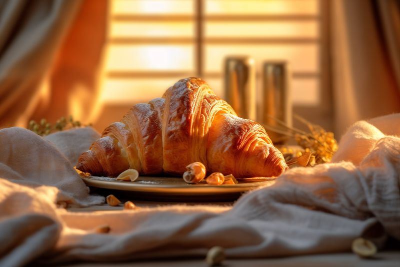breakfast wood background food table cup croissant bokeh background bakery morning drink. Generative AI.