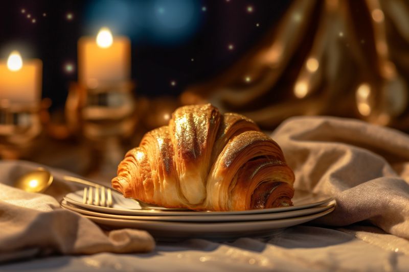 table background bokeh bread croissant background breakfast food drink cup morning bakery. Generative AI.