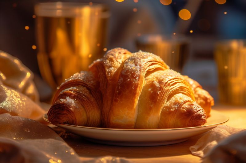 bakery morning croissant cup food tasty drink table background breakfast background bokeh. Generative AI.