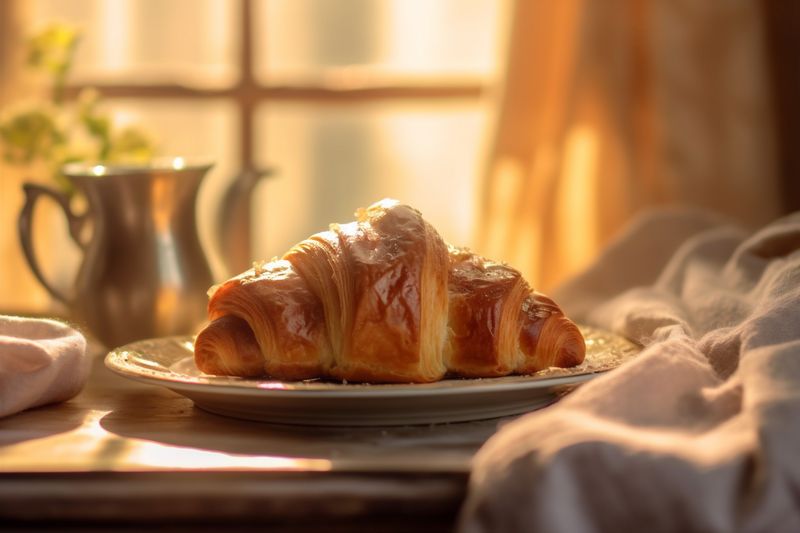 drink background table wooden cup bokeh croissant background morning bakery food breakfast. Generative AI.