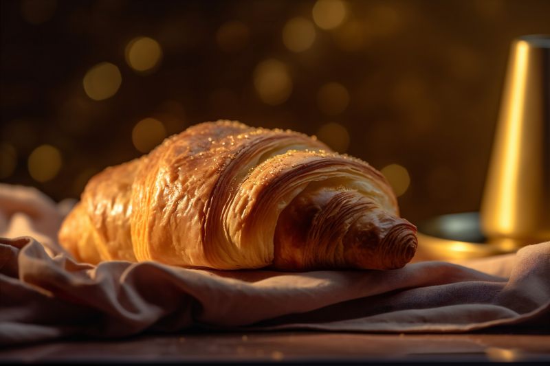 bokeh croissant background morning bakery drink food breakfast france background cup table. Generative AI.