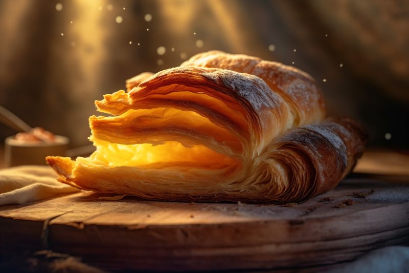 bokeh croissant background tea drink cup table morning breakfast bakery food background. Generative AI.