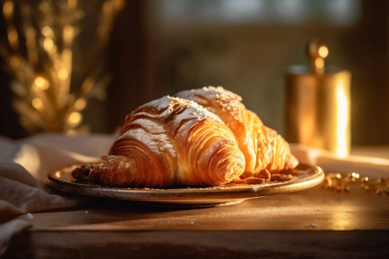drink morning background french cup breakfast croissant bakery food table background bokeh. Generative AI.