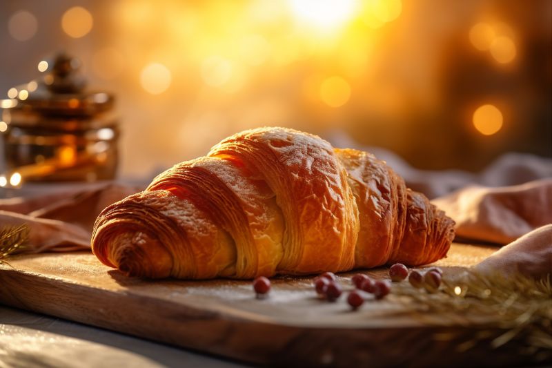 breakfast background croissant food cup bakery bokeh background drink freshness table morning. Generative AI.