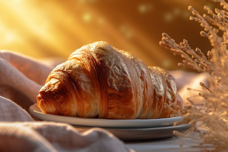 bokeh morning background table cup croissant breakfast drink food snack bakery background. Generative AI.