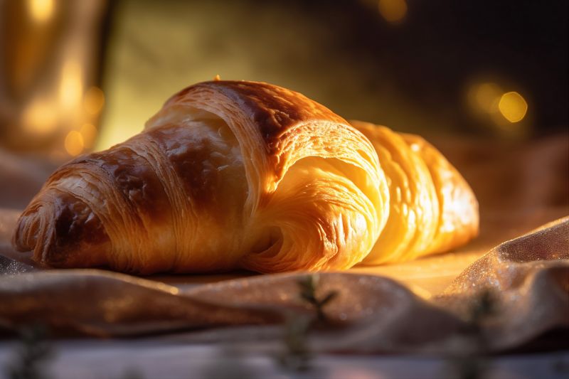 croissant freshness cup table background bokeh morning drink food breakfast bakery background. Generative AI.