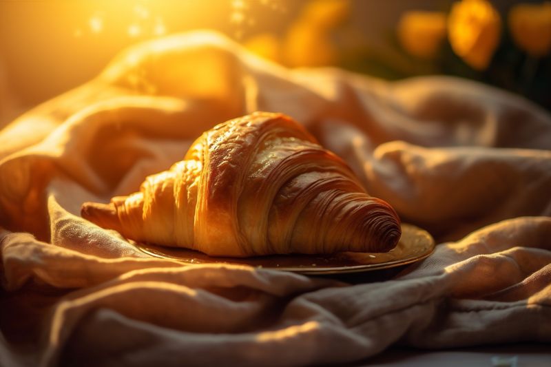 breakfast bokeh cup food croissant closeup table background morning drink background bakery. Generative AI.