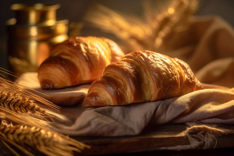 food breakfast drink bokeh croissant background cup table morning background bakery bokeh. Generative AI.