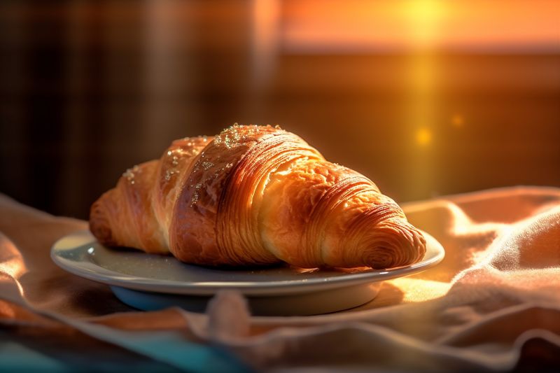 background bakery background table cup breakfast closeup food morning bokeh drink croissant. Generative AI.