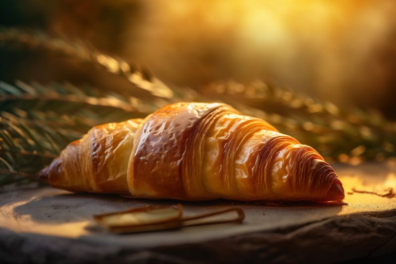 snack bokeh drink croissant cup background background breakfast morning bakery food table. Generative AI.